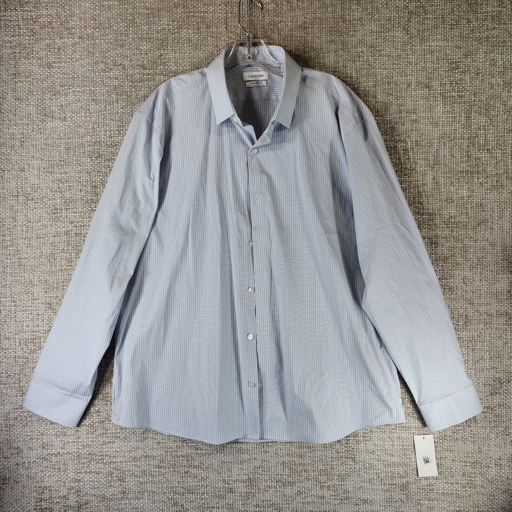 Calvin Klein Extra Slim-Fit Dress Shirt Mens XL 17-17.5 34/35 White Blue Plaid